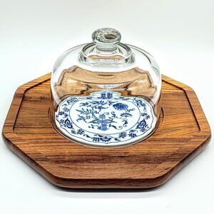 Vintage Dolphin Teakwood Cloche Blue White Center Tile Cheese Board